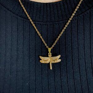 gold dragonfly necklace with zircon stone